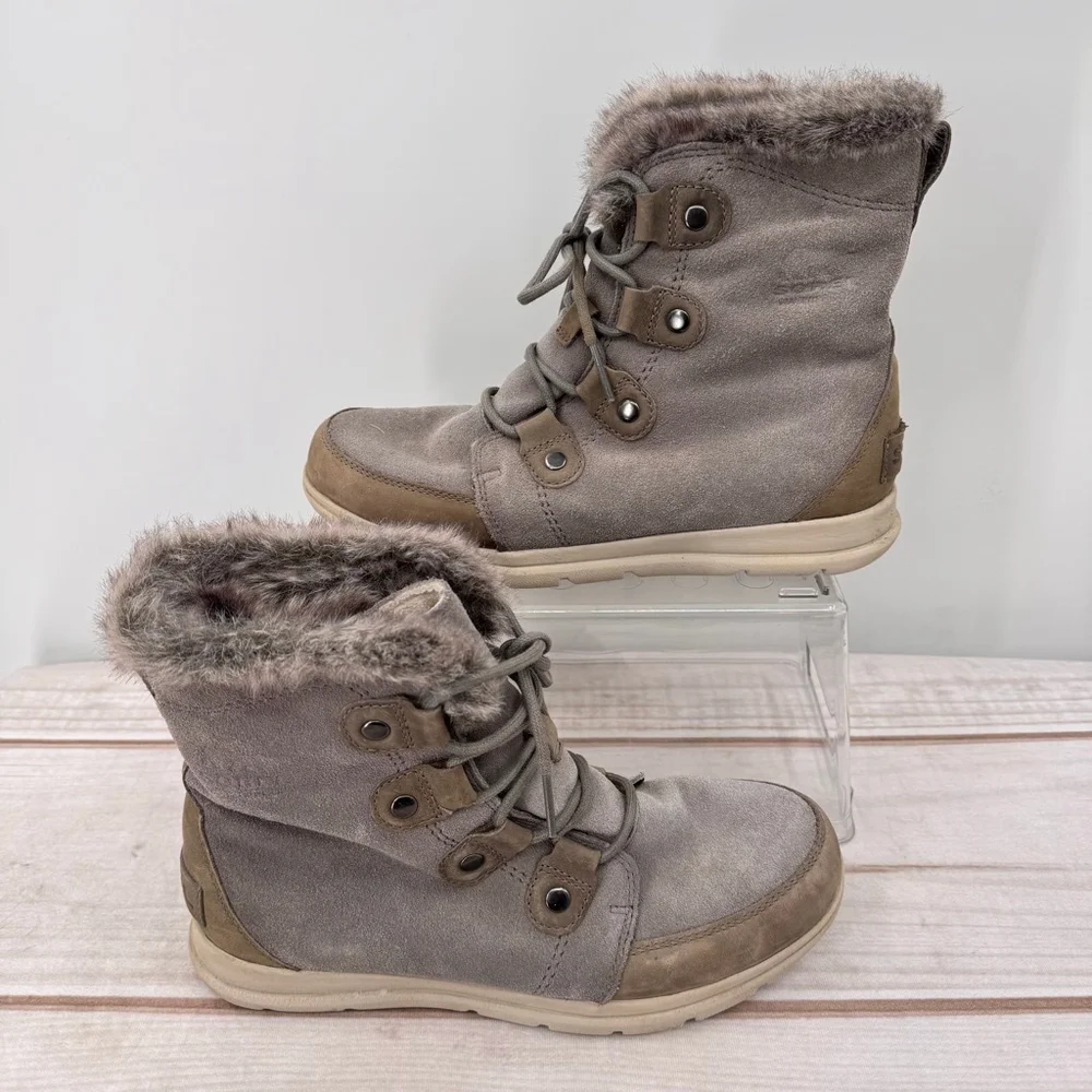 Sorel Explorer Joan Boots Gray Taupe Suede Faux Fur Lace Up Warm Winter Size 10